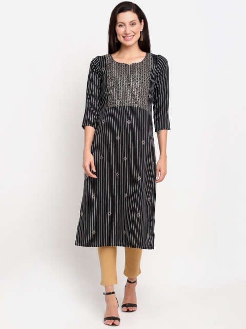 

Lovely Lady Women Black Geometric Striped Thread Work Kurta