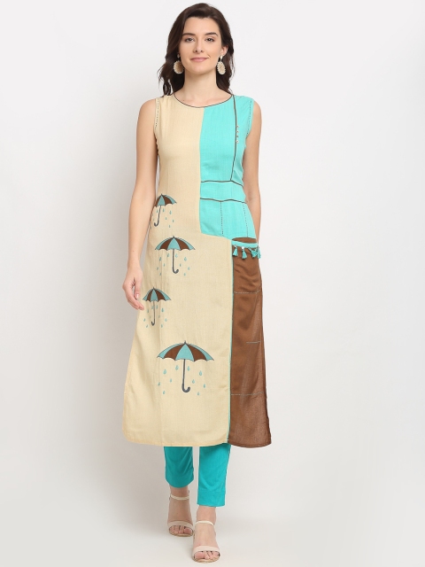 

Lovely Lady Women Brown Quirky Colourblocked Thread Work Kurta