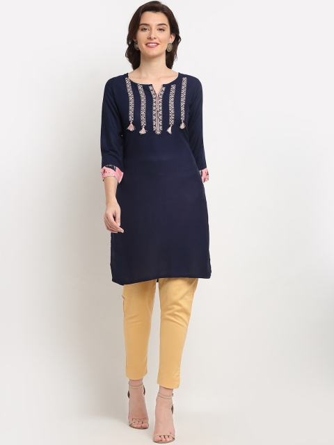 

Lovely Lady Women Navy Blue Geometric Yoke Design Kurta