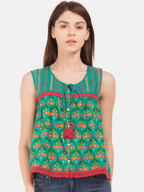 

Bronz Women Green Floral Print Blouson Top
