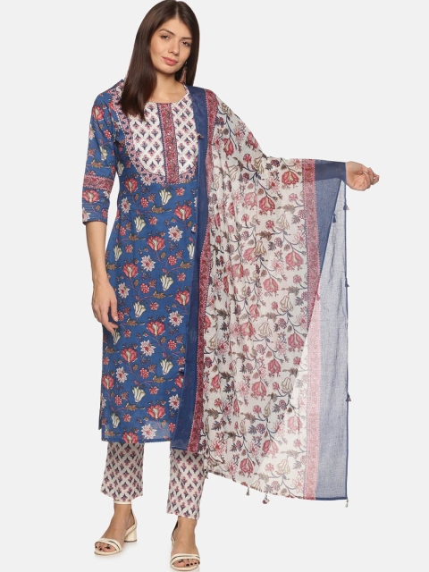 

Palakh Women Blue Printed Beads and Stones Pure Cotton Kurta with Trousers & With Dupatta