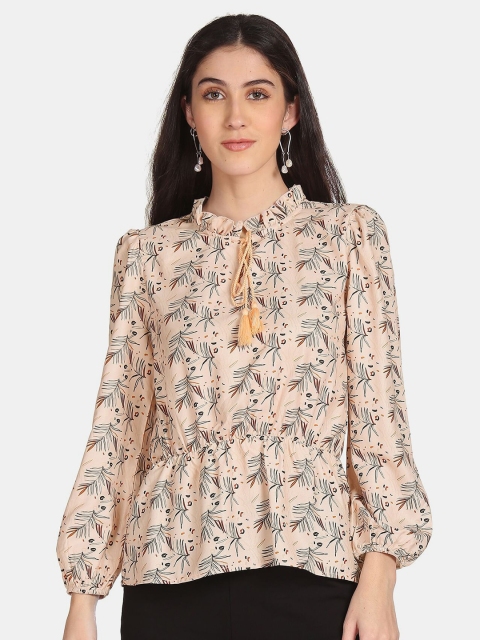 

Cherokee Beige Floral Print Tie-Up Neck Top