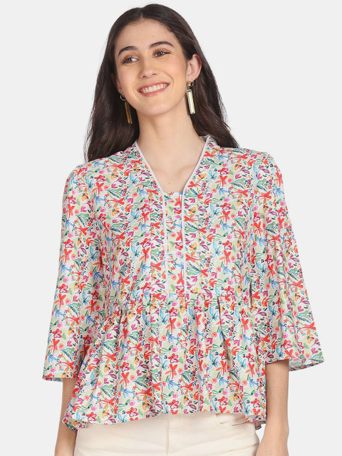

Cherokee Women White & Multi Color Floral Printed Top