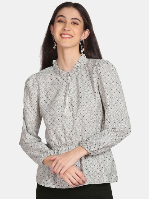 

Cherokee Women White & Black Geometric Print Tie-Up Neck Peplum Top