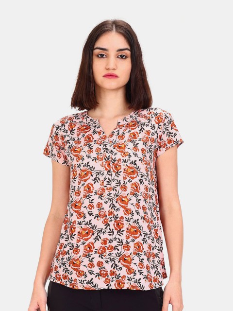 

Cherokee Women Pink & Orange Floral Print Mandarin Collar Top