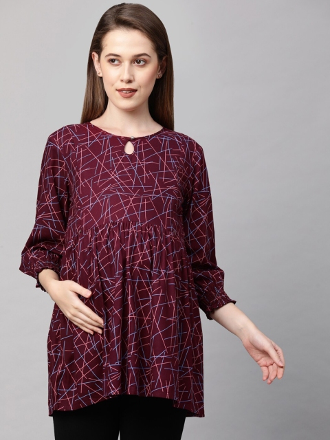 

MomToBe Maroon Geometric Print Keyhole Neck Nursing Top