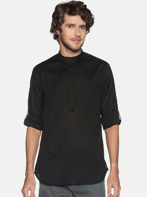 

Saffron Threads Men Black Cotton Flax Short Kurta