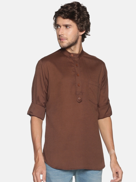 

Saffron Threads Men Brown Cotton Flax Short Kurta