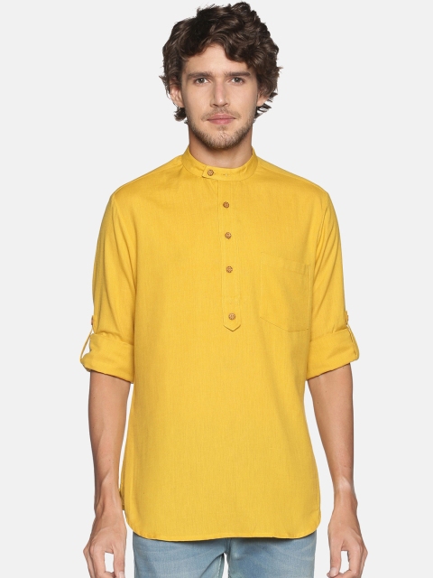 

Saffron Threads Men Mustard Yellow Cotton Flax Short Kurta