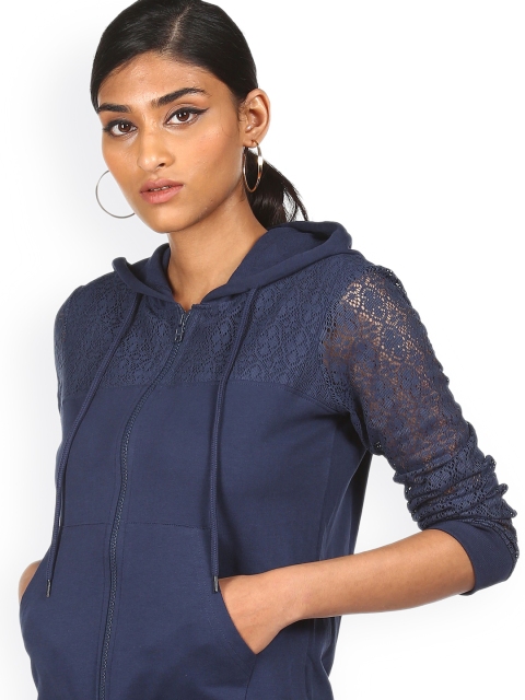 

Sugr Women Navy Blue Pure Cotton Lace Detail Hooded Sweatshirt