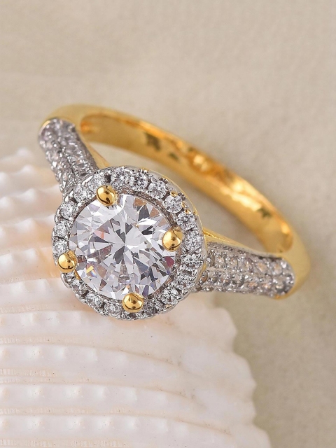 

Tistabene Women Gold-Plated & White AD-Studded Solitaire Finger Ring