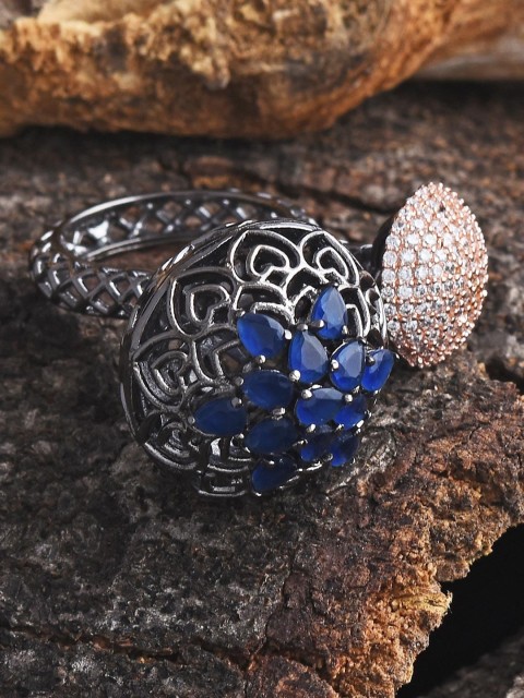 

Tistabene Women Rhodium-Plated & Blue Stone Studded Finger Ring