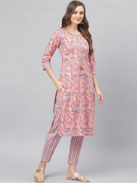

Stylum Women Pink Floral Printed Pure Cotton Kurta with Trousers