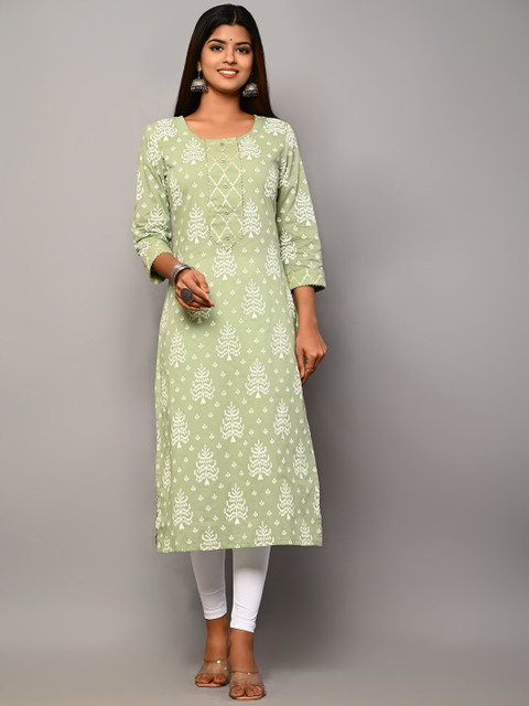 

Swasti Women Green Floral Printed Cotton Kurta