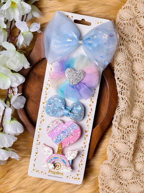 

POPLINS Girls Blue & Pink Set of 5 Embellished Alligator Hair Clips