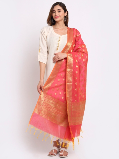 

LOOM LEGACY Woman Pink & Gold-Toned Ethnic Motifs Cotton Silk Dupatta with Zari
