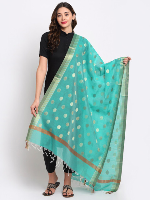 

LOOM LEGACY Turquoise Blue & Gold-Toned Ethnic Motifs Woven Design Cotton Silk Dupatta with Zari