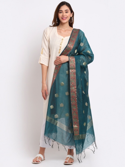

LOOM LEGACY Teal & Red Ethnic Motifs Woven Design Cotton Silk Dupatta with Zari