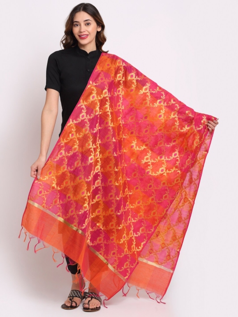 

LOOM LEGACY Orange & Gold-Toned Woven Design Cotton Silk Dupatta with Zari