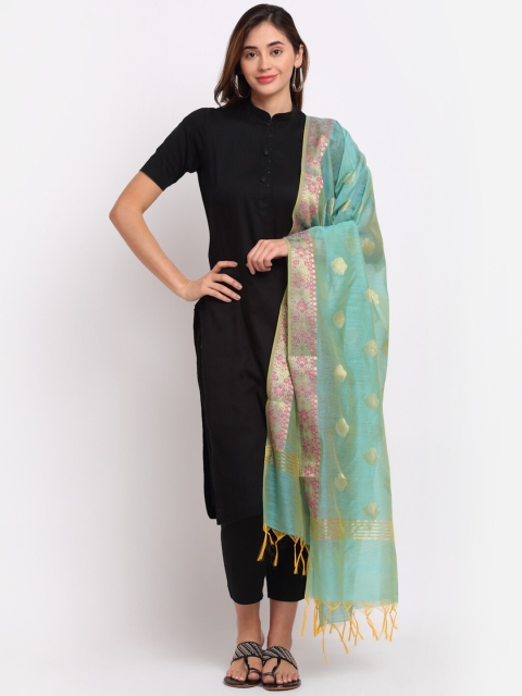 

LOOM LEGACY Turquoise Blue & Gold Ethnic Motifs Woven Design Cotton Silk Dupatta with Zari