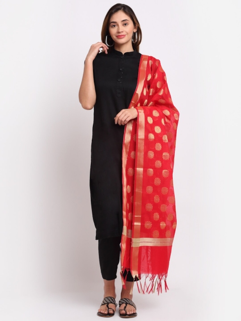 

LOOM LEGACY Red & Gold-Toned Woven Design Cotton Silk Dupatta with Zari