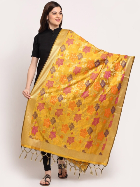 

LOOM LEGACY Yellow & Pink Woven Design Banarasi Cotton Silk Jacquard Dupatta