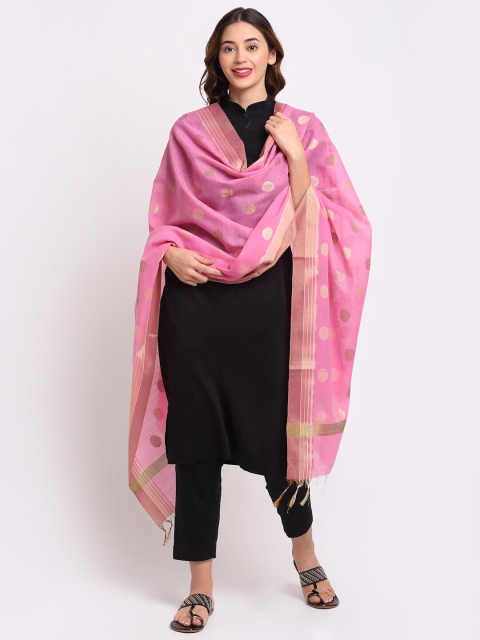 

LOOM LEGACY Pink & Gold-Toned Ethnic Motifs Woven Design Cotton Silk Dupatta