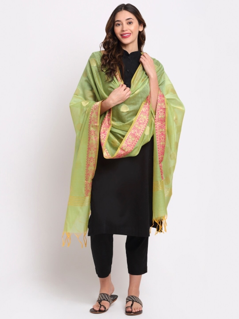 

LOOM LEGACY Green & Gold-Toned Ethnic Motifs Woven Design Cotton Silk Dupatta with Zari