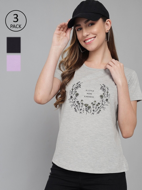 

ANTI CULTURE Women Pack of 3 Printed T-shirts, Grey melange