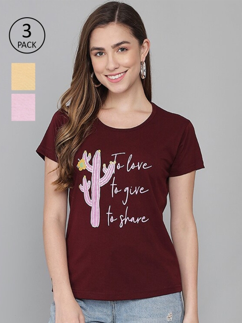 

ANTI CULTURE Women Pack of 3 Pure Cotton Printed T-shirt, Maroon