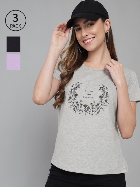 

ANTI CULTURE Women Pack of 3 Printed T-shirts, Grey melange
