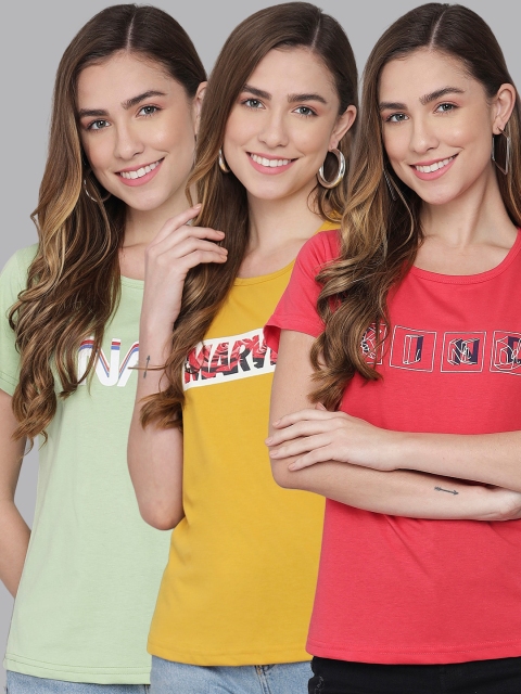 

ANTI CULTURE Women Pack of 3 Pure Cotton Printed T-shirt, Green