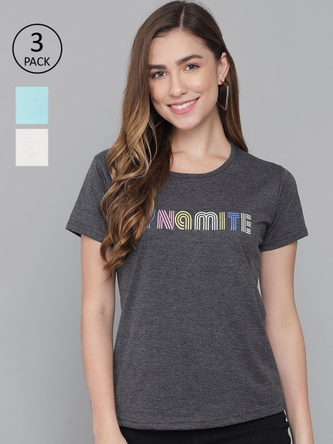 

ANTI CULTURE Women Pack of 3 Pure Cotton Printed T-shirt, Grey melange