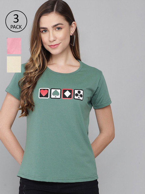 

ANTI CULTURE Women Pack of 3 Printed T-shirts, Green