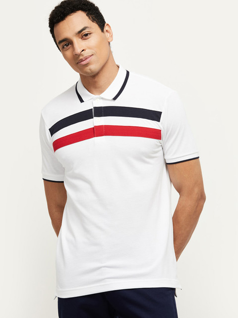 

max Men White & Navy Blue Striped Polo Collar T-shirt