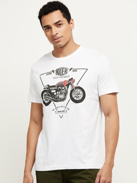 

max Men White & Black Biker Printed T-shirt