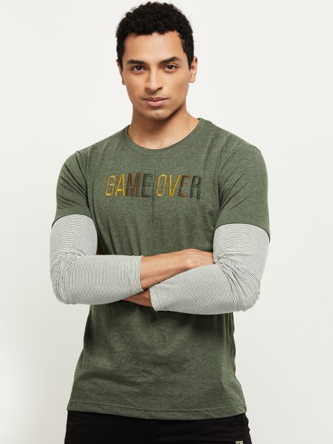 

max Men Olive Green & Grey Melange Embroidered T-shirt