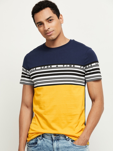 

max Men Yellow & Navy Blue Pure Cotton Colourblocked T-shirt