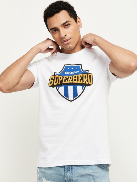 

max Men White & Blue Typography Printed Pure Cotton T-shirt