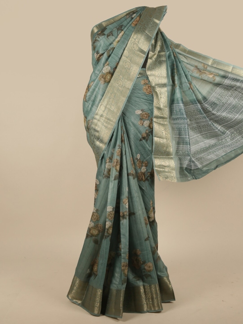 

Pothys Green & Gold-Toned Floral Zari Jute Silk Saree