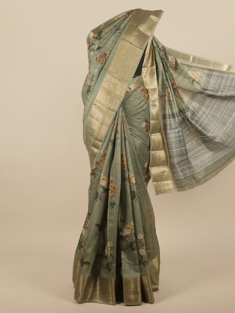 

Pothys Green & Brown Floral Zari Jute Silk Saree