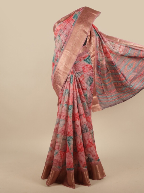 

Pothys Pink & Blue Floral Jute Silk Saree
