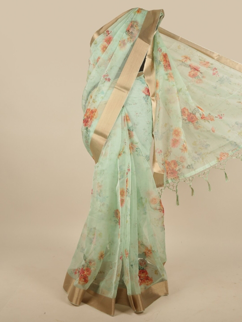 

Pothys Green & Orange Floral Zari Jute Silk Saree