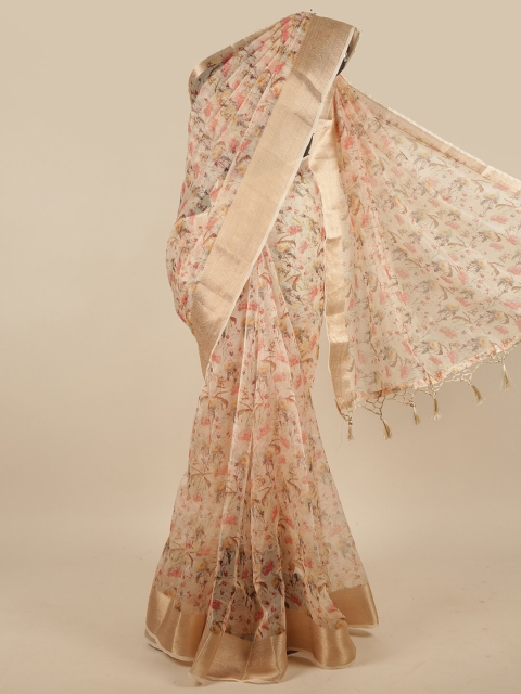 

Pothys Cream-Coloured & Gold-Toned Floral Jute Silk Saree