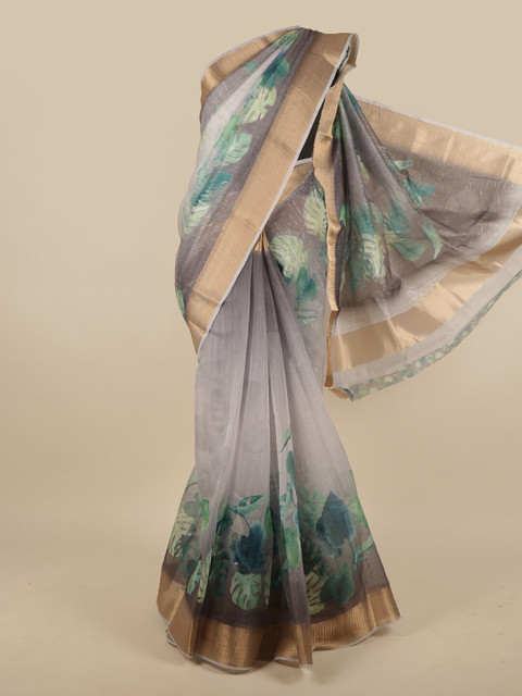 

Pothys Grey & Green Floral Zari Jute Silk Saree