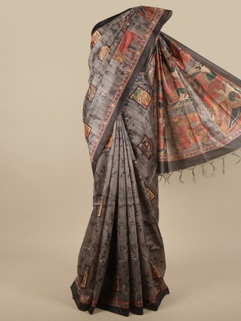

Pothys Grey & Red Ethnic Motifs Jute Silk Saree