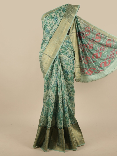 

Pothys Green & Gold-Toned Ethnic Motifs Zari Jute Silk Saree