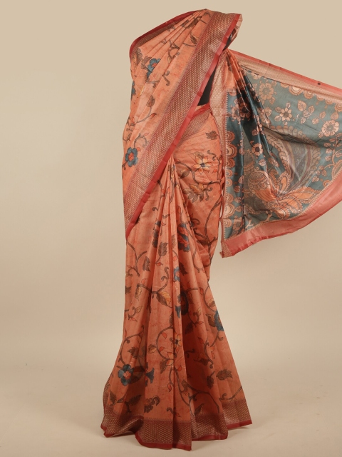

Pothys Peach-Coloured & Blue Floral Jute Silk Saree