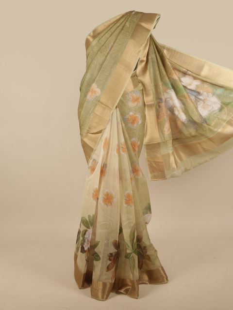 

Pothys Green & Gold-Toned Floral Jute Silk Saree