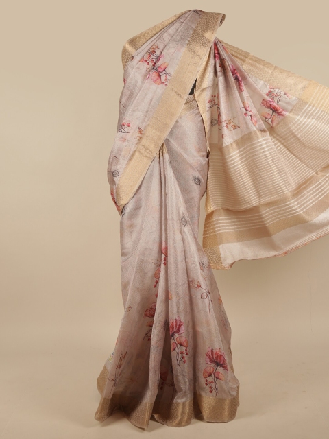 

Pothys Pink & Gold-Toned Floral Printed Zari Jute Silk Saree